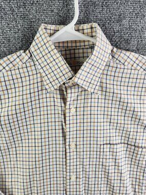 Peter Millar Blue Gold White Plaid Long Sleeve Button Up Shirt 100% Cotton Adult